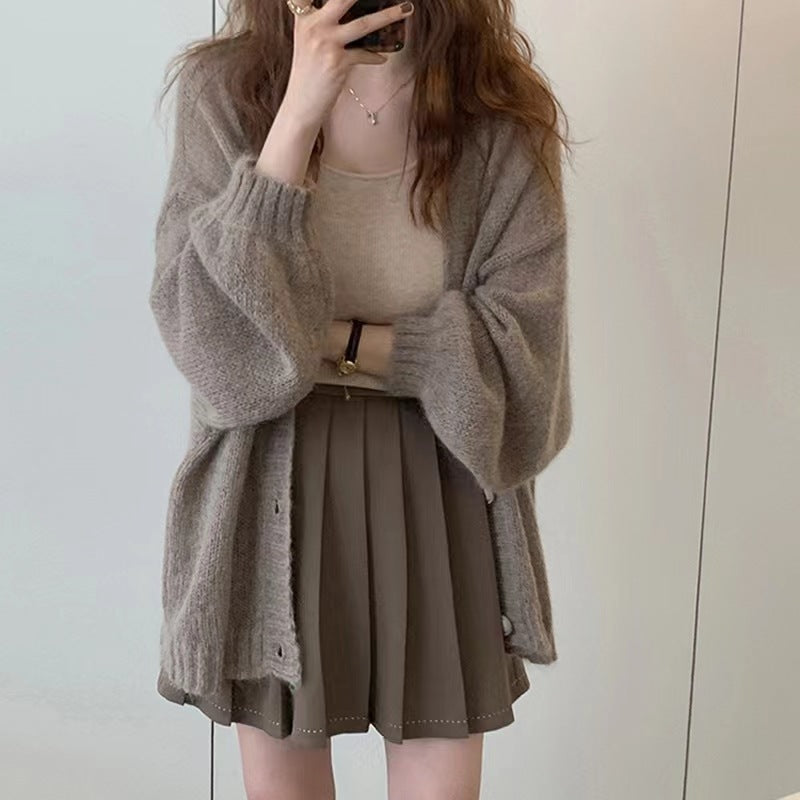 Women's Mid-length Lantern Sleeve Knitted Cardigan Coat